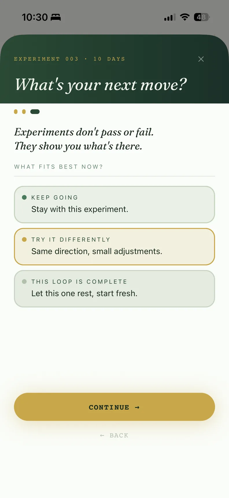 Screenshot of the Muverna app's next-move screen for a completed 10-day experiment, showing three choices — keep going, try it differently, or close this loop and start fresh